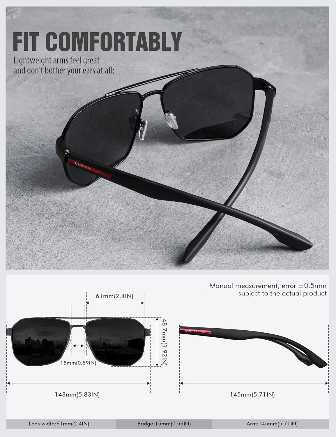 Aviator Sunglasses for Men Square Polarized Polygon Lens - UV 400 Protection