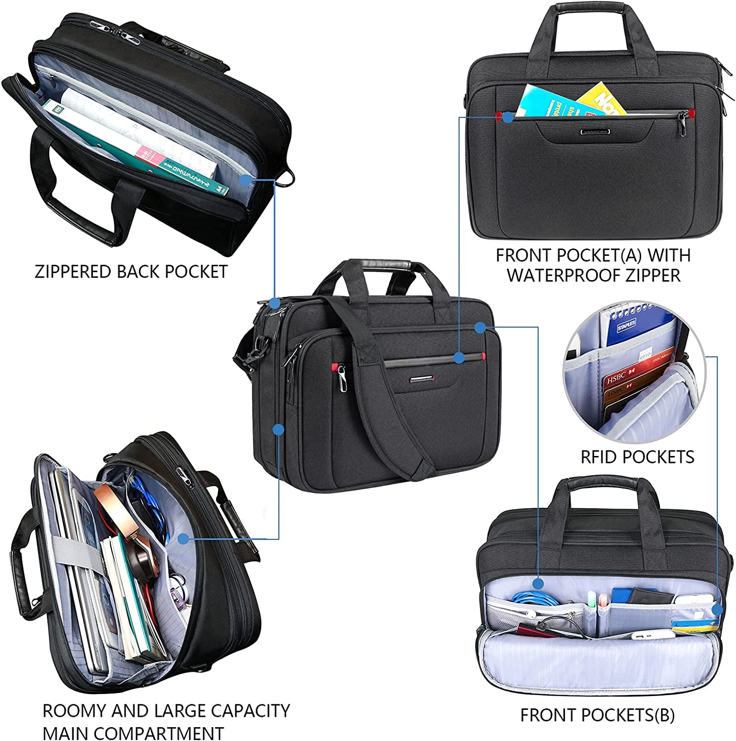 Premium Laptop & Business Briefcase, Fits up to 17.3 Inch Laptop Expandable for Men/Women, Black